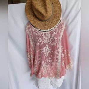 Boho Festival 3 Pc Outfit Featuring Pink Lace Top, White Lace Shorts & Straw Hat